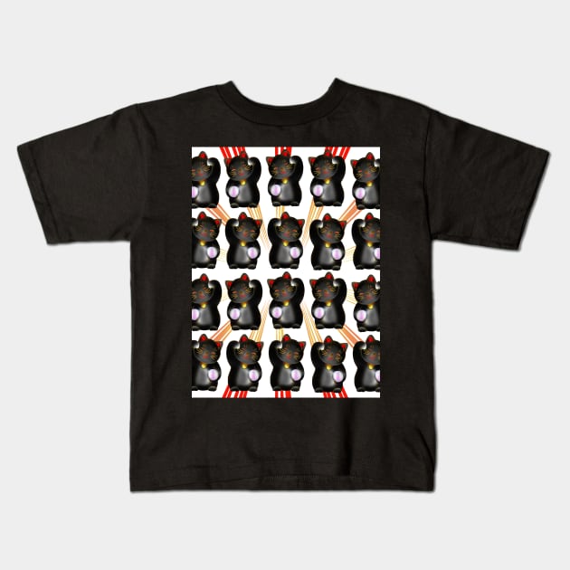 Lucky cat, black maneki, pattern Kids T-Shirt by cuisinecat